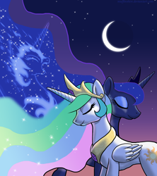 Size: 1600x1800 | Tagged: safe, artist:muffinshire, character:nightmare moon, character:princess celestia, character:princess luna, species:alicorn, species:pony, disintegration, duality, eyes closed, female, intertwined manes, jewelry, mare, moon, neck hug, night, outdoors, regalia, royal sisters, screaming, sky, smiling, standing, stars, windswept mane