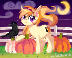 Size: 1280x1031 | Tagged: safe, artist:spookyle, oc, oc only, oc:pumpkin patch, species:bat pony, species:bird, species:pony, species:raven, :t, bat pony unicorn, cloud, crescent moon, curved horn, cute, ear fluff, ear tufts, fangs, farm, fence, freckles, horn, looking at you, looking back, moon, night, ocbetes, pumpkin, raised hoof, smiling, solo, stars