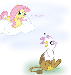 Size: 926x975 | Tagged: safe, artist:bamboodog, character:fluttershy, character:gilda, species:griffon, species:pegasus, species:pony, cloud, female, looking up, mare, nervous, open mouth, revenge, shocked, sitting, wide eyes, your mom