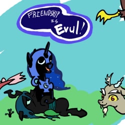 Size: 500x500 | Tagged: safe, artist:lyun, character:discord, character:nightmare moon, character:princess luna, character:queen chrysalis, species:changeling, changeling queen, cute, cutealis, discute, female, filly, friendship is evul!, moonabetes, nightmare woon