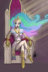 Size: 600x900 | Tagged: safe, artist:theartrix, character:princess celestia, species:human, brown background, clothing, crown, ethereal hair, female, gauntlet, humanized, jewelry, lipstick, peytral, regalia, simple background, solo, throne, woman