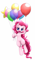 Size: 583x1000 | Tagged: safe, artist:hashioaryut, character:pinkie pie, species:earth pony, species:pony, balloon, belly button, cute, diapinkes, female, floating, happy, heart balloon, hoof hold, mare, pixiv, simple background, solo, then watch her balloons lift her up to the sky, white background