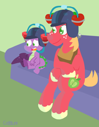 Size: 500x642 | Tagged: safe, artist:coggler, character:big mcintosh, character:spike, species:earth pony, species:pony, episode:the cutie map, g4, my little pony: friendship is magic, clothing, drinking hat, gem helmet, hat, helmet, hoofball, male, stallion