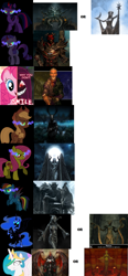 Size: 1602x3438 | Tagged: safe, artist:ponychaos13, artist:tzolkine, character:applejack, character:fluttershy, character:nightmare moon, character:pinkie pie, character:princess celestia, character:princess luna, character:rainbow dash, character:rarity, character:twilight sparkle, character:twilight sparkle (unicorn), species:alicorn, species:earth pony, species:pegasus, species:pony, species:unicorn, princess molestia, 7th element project, azura, colored horn, colored wings, colored wingtips, comparison, comparison chart, crossover, curved horn, daedra, daedric prince, ethereal mane, female, galaxy mane, hermaeus mora, hircine, horn, mare, mehrunes dagon, meme, mephala, meridia, molag bal, nocturnal, sanguine, sheogorath, sombra eyes, sombra horn, statue, the elder scrolls, vaermina