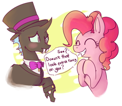 Size: 1070x934 | Tagged: safe, artist:miles, artist:rustydooks, character:pinkie pie, species:changeling, :t, blushing, bow tie, clapping, clothing, colored, dapper, doomie, doomie pie, eyes closed, grin, hat, raised eyebrow, raised hoof, smiling, suit, top hat