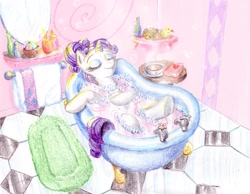 Size: 1800x1400 | Tagged: safe, artist:muffinshire, character:rarity, species:pony, species:unicorn, newbie artist training grounds, g4, atg 2012, bath, book, candle, claw foot bathtub, eyebrows, eyes closed, female, mare, rubber duck, soap, solo, tea, towel, traditional art, underhoof
