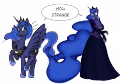 Size: 2048x1414 | Tagged: safe, artist:demorgorgon, artist:redanon, character:princess luna, species:anthro, breasts, busty princess luna, cleavage, clothing, confused, dress, female, open mouth, raised hoof, raised leg, simple background, spread wings, surprised, wide eyes, wings