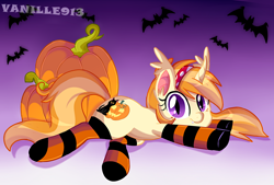 Size: 1280x866 | Tagged: safe, artist:spookyle, oc, oc only, oc:pumpkin patch, species:bat pony, species:pony, bat pony oc, bat pony unicorn, black cat, clothing, jack-o-lantern, pumpkin, socks, solo, striped socks