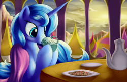 Size: 2550x1650 | Tagged: safe, artist:grennadder, character:princess luna, blanket, canterlot, cookie, cup, drinking, female, hoof hold, plate, solo, tea, tea set