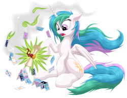Size: 3300x2560 | Tagged: safe, artist:ohemo, character:princess celestia, species:pony, card, dragon mail, female, fire, friendship report, green fire, house of cards, loose hair, mare, ruined, scroll, simple background, solo, startled, transparent background