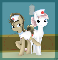 Size: 2539x2616 | Tagged: safe, artist:lilliesinthegarden, character:doctor whooves, character:nurse redheart, character:time turner, clothing, followers, hat, hospital, nurse, nurse turner, tumblr, uniform