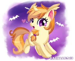 Size: 1280x1054 | Tagged: safe, artist:spookyle, oc, oc only, oc:pumpkin patch, species:bat, species:bat pony, species:pony, species:unicorn, bat pony unicorn, curved horn, cute, fangs, female, filly, freckles, happy, heart, looking at you, ocbetes, open mouth, smiling, solo, wingless bat pony