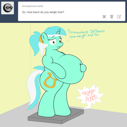 Size: 5000x5000 | Tagged: safe, artist:zeldafan777, character:lyra heartstrings, absurd resolution, alternate hairstyle, ask, ask fatbelliedlyra, belly button, big belly, fat, female, lard-ra heartstrings, obese, scale, solo, tumblr