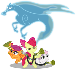 Size: 1042x952 | Tagged: safe, artist:seahawk270, character:apple bloom, character:scootaloo, character:sweetie belle, species:earth pony, species:pegasus, species:pony, species:unicorn, episode:bloom and gloom, g4, my little pony: friendship is magic, cutie mark crusaders, female, filly, ghostbusters, pest control gear, scared, simple background, this will end in tears and/or death and/or covered in tree sap, transparent background, twitbuster apple bloom, vector, windigo