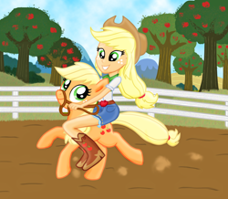 Size: 1448x1261 | Tagged: safe, artist:majkashinoda626, character:applejack, my little pony:equestria girls, blonde hair, blonde tail, boots, bridle, clothing, cowboy hat, cutie mark, female, fence, freckles, green eyes, grin, hat, high heel boots, hilarious in hindsight, human ponidox, humans riding ponies, orange fur, ponidox, reins, riding, running, skirt, smiling, solo, square crossover, tree