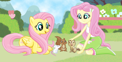 Size: 2218x1134 | Tagged: safe, artist:majkashinoda626, character:fluttershy, my little pony:equestria girls, animal, chipmunk, cute, human ponidox, mouse, ponidox, shyabetes, square crossover, squirrel
