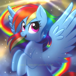 Size: 900x900 | Tagged: dead source, safe, artist:jacky-bunny, character:rainbow dash, species:pegasus, species:pony, episode:tanks for the memories, g4, my little pony: friendship is magic, female, looking at you, mare, rainbow trail, solo, spread wings, watermark, wings