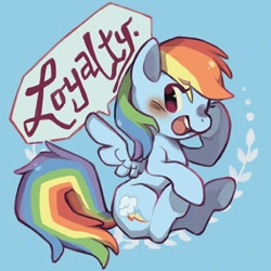 Size: 500x500 | Tagged: safe, artist:mi-eau, character:rainbow dash, dialogue, element of loyalty, female, one word, solo, speech bubble