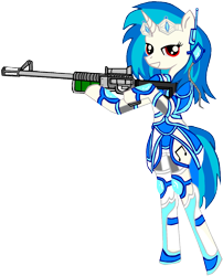 Size: 1428x1770 | Tagged: safe, alternate version, artist:avchonline, character:dj pon-3, character:vinyl scratch, species:anthro, species:pony, species:unguligrade anthro, species:unicorn, armor, bipedal, cutie mark, female, grin, gun, headset, hoof hold, hooves, horn, looking at you, mare, optical sight, rifle, scope, simple background, smiling, sniper rifle, solo, starcraft 2, teeth, transparent background, weapon