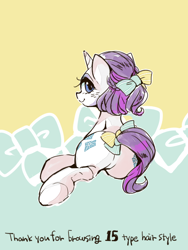 Size: 480x640 | Tagged: safe, artist:wan, character:rarity, bow, female, hair bow, plot, solo, tail bow, underhoof