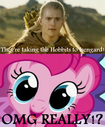 Size: 445x540 | Tagged: safe, artist:noah-x3, edit, edited screencap, screencap, character:pinkie pie, species:elf, species:pony, comic, crossover, female, legolas, lord of the rings, male, mare, orlando bloom, they're taking the hobbits to isengard