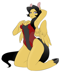 Size: 2000x2128 | Tagged: safe, artist:lolopan, oc, oc only, oc:steelshine, species:anthro, species:pegasus, species:pony, armpits, clothing, female, one-piece swimsuit, pinup, pose, rule 63, swimsuit