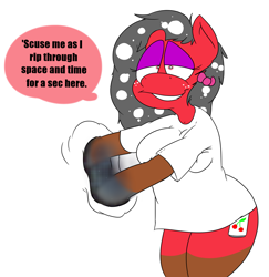Size: 2075x2138 | Tagged: safe, artist:thecherrysodaaskblog, oc, oc only, oc:cherry soda, species:anthro, boob squish, breasts, chubby, clothing, fat, female, grin, hair bow, looking at you, shirt, shrunken pupils, smiling, solo, space, tumblr:thecherrysodaaskblog, wide hips, wormhole