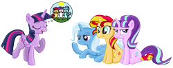 Size: 2444x969 | Tagged: safe, artist:majkashinoda626, character:starlight glimmer, character:sunset shimmer, character:trixie, character:twilight sparkle, character:twilight sparkle (alicorn), species:alicorn, species:pony, angry, bored, counterparts, do not want, eyes closed, female, frown, glare, gritted teeth, lecture, magical quartet, mare, open mouth, prone, simple background, sitting, smiling, transparent background, twilight's counterparts, varying degrees of want, vector, want