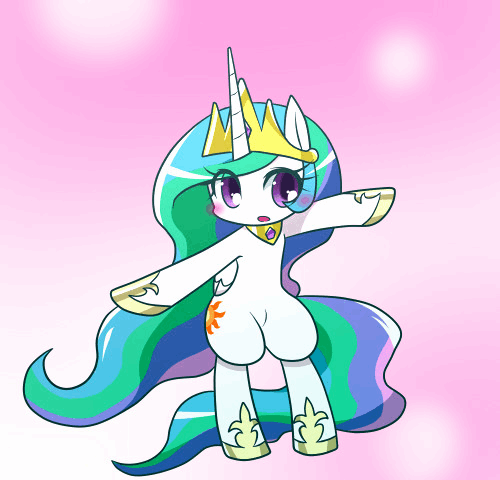 Size: 500x480 | Tagged: safe, artist:hashioaryut, character:princess celestia, species:alicorn, species:pony, g4, abstract background, animated, bipedal, blushing, clothing, crown, cute, cutelestia, eye clipping through hair, female, hoof shoes, jewelry, looking at you, mare, monster hunter, necklace, open mouth, open smile, peytral, pixiv, regalia, shoes, smiling, solo, unfortunate design