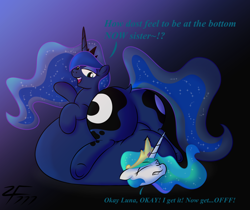Size: 1218x1024 | Tagged: safe, artist:zeldafan777, character:princess celestia, character:princess luna, belly, belly bed, big belly, dock, fat, impossibly large belly, moonbutt, obese, plot, princess moonpig, the ass was fat
