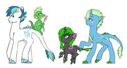 Size: 1849x1000 | Tagged: safe, artist:pikokko, oc, oc only, oc:bonfire, oc:carapace, oc:emerald glare, parent:gummy, parent:queen chrysalis, parent:shining armor, parent:spike, parent:trixie, parents:chryspike, species:changeling, species:dracony, blushing, colored claws, crack ship offspring, frown, half-siblings, hybrid, looking up, magical gay spawn, offspring, parents:shiningspike, parents:spixie, parents:spummy, raised hoof, simple background, smiling, wat, white background