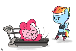 Size: 1100x750 | Tagged: safe, artist:doggonepony, character:pinkie pie, character:rainbow dash, species:anthro, ball, duo, morph ball, pinkieball, rolling, spin dash, treadmill
