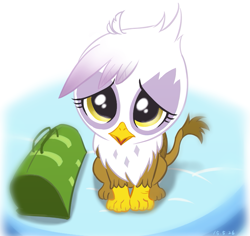 Size: 975x920 | Tagged: safe, artist:ta-na, character:gilda, species:griffon, episode:the lost treasure of griffonstone, g4, my little pony: friendship is magic, bag, chickub, cub, cute, female, frown, gildadorable, li'l gilda, looking at you, looking up, shy, sitting, solo, weapons-grade cute