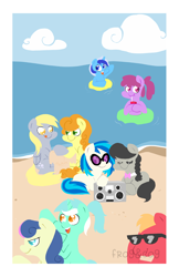 Size: 750x1159 | Tagged: safe, artist:coggler, artist:frog&cog, character:berry punch, character:berryshine, character:big mcintosh, character:bon bon, character:carrot top, character:derpy hooves, character:dj pon-3, character:golden harvest, character:lyra heartstrings, character:minuette, character:octavia melody, character:sweetie drops, character:vinyl scratch, species:earth pony, species:pegasus, species:pony, species:unicorn, ship:lyrabon, ship:scratchtavia, :t, adorabon, alternate hairstyle, beach, berrybetes, bow tie, cloud, cute, cutie top, derpabetes, drink, drinking, eyes closed, female, floating, floaty, glasses, hoof hold, juice box, lesbian, licking lips, lineless, looking at you, lyrabetes, macabetes, male, mare, minubetes, open mouth, prone, radio, sandcastle, shipping, signature, sitting, smiling, smiling at you, stallion, sunglasses, tavibetes, tongue out, vinyl, vinylbetes, wall of tags, water