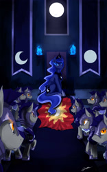 Size: 2500x4000 | Tagged: dead source, safe, artist:gasmaskfox, character:princess luna, species:alicorn, species:bat pony, species:pony, echo (bat pony), echo and nocturn, female, flag, frown, glowing eyes, looking at you, mare, new lunar republic, night guard, nocturn, revolution, sitting, throne