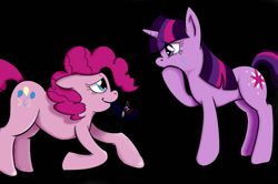 Size: 900x599 | Tagged: safe, artist:enigmaticfrustration, artist:fortimpression, character:pinkie pie, character:twilight sparkle, ship:twinkie, female, kneeling, lesbian, marriage proposal, mouth, shipping, tears of joy