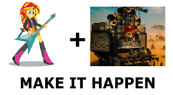 Size: 2412x1324 | Tagged: safe, artist:seahawk270, character:sunset shimmer, my little pony:equestria girls, coma-doof warrior, exploitable meme, guitar, mad max, mad max fury road, make it happen, meme, sunset shredder