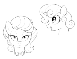Size: 1200x925 | Tagged: safe, artist:kas92, character:octavia melody, character:sweetie belle, cheek fluff, fluffy, lineart, monochrome