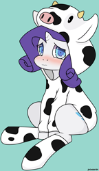 Size: 1600x2775 | Tagged: safe, artist:zoarity, character:rarity, species:cow, animal costume, blushing, clothing, cowprint, cute, explicit source, female, hoodie, pajamas, raricow, socks, solo