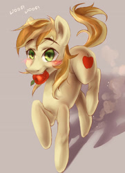 Size: 2343x3244 | Tagged: safe, artist:my-magic-dream, character:braeburn, apple, behaving like a dog, braebetes, cute, hatless, high res, male, missing accessory, mouth hold, needs more jpeg, solo