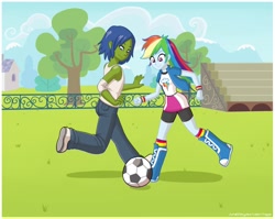 Size: 1280x1021 | Tagged: safe, artist:rapps, character:rainbow dash, oc, oc:rally flag, my little pony:equestria girls, clothing, fence, football, rallydash, skirt, stands, tree