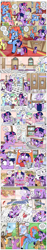 Size: 1200x6432 | Tagged: safe, artist:muffinshire, character:gusty, character:moondancer, character:twilight sparkle, oc, oc:flyleaf, species:bird, comic:twilight's first day, episode:slice of life, g4, my little pony: friendship is magic, bathroom, big no, book, clumsy, comic, feather, female, filly, hair dryer, help, hilarious in hindsight, levitation, magic, muffinshire is trying to murder us, panic, perfume, princess celestia's school for gifted unicorns, quill, saddle bag, smell, sunbeam, telekinesis, theme song, toilet paper, tree, water, wet, what were you thinking, you dun goofed, younger