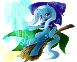 Size: 602x484 | Tagged: safe, artist:hashioaryut, character:trixie, species:pony, species:unicorn, broom, cape, clothing, female, flying, flying broomstick, hat, looking at you, magic, mare, open mouth, simple background, sitting, smiling, solo, trixie's hat, white background, witch hat
