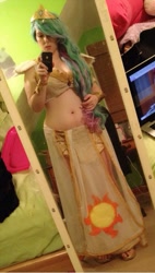 Size: 471x832 | Tagged: safe, artist:mintyblitzz, character:princess celestia, species:human, belly button, cellphone, clothing, cosplay, female, irl, irl human, midriff, phone, photo, smartphone, solo, toes