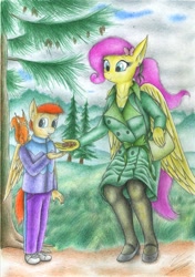 Size: 1631x2319 | Tagged: safe, artist:sinaherib, character:fluttershy, oc, oc:summer wind, parent:big macintosh, parent:fluttershy, parents:fluttermac, species:anthro, breasts, cleavage, female, offspring, squirrel, traditional art