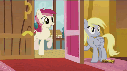 Size: 500x281 | Tagged: safe, artist:silentmatten, edit, screencap, character:derpy hooves, character:doctor whooves, character:roseluck, character:time turner, species:pony, ship:doctorderpy, ship:doctorrose, episode:slice of life, g4, my little pony: friendship is magic, animated, derpy's door, discovery family logo, door, lock, love triangle, male, open mouth, raised hoof, shipping, shipping denied, smiling, stallion, straight