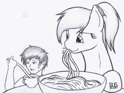 Size: 1080x810 | Tagged: safe, artist:suspega, oc, oc only, oc:anon, oc:generic messy hair anime anon, oc:nurse soma, species:human, species:pony, eating, food, giant pony, monochrome, noodles, size difference, slurp, sweat, sweatdrop