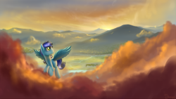 Size: 1920x1080 | Tagged: dead source, safe, artist:shamanguli, oc, oc only, oc:electroshock, species:pegasus, species:pony, cloud, cloudy, flying, mountain, scenery, solo