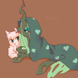 Size: 1200x1200 | Tagged: safe, artist:kkmrarar, character:queen chrysalis, oc, oc:fluffle puff, species:changeling, species:pony, ship:chrysipuff, bedroom eyes, blanket, blep, canon x oc, female, lesbian, licking, lidded eyes, looking at you, mare, prone, shipping, simple background, tongue out