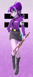 Size: 610x1400 | Tagged: safe, artist:ta-na, character:starlight glimmer, episode:the cutie map, g4, my little pony: friendship is magic, my little pony:equestria girls, armband, bedroom eyes, boots, clothing, cutie mark, equal cutie mark, equestria girls-ified, female, grin, hand on hip, looking at you, miniskirt, name tag, necktie, ponytail, purple, s5 starlight, shirt, skirt, smiling, solo, staff, staff of sameness, starlight himmler